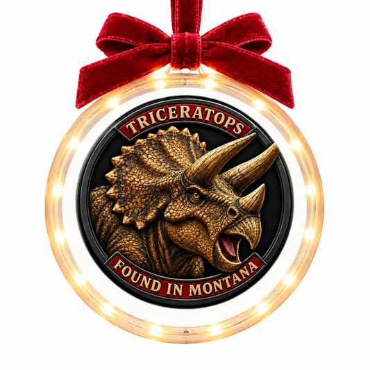 Montana Dinosaur Adventure Triceratops light-up ornament, approved clear disc frame, LED edge and burgundy bow