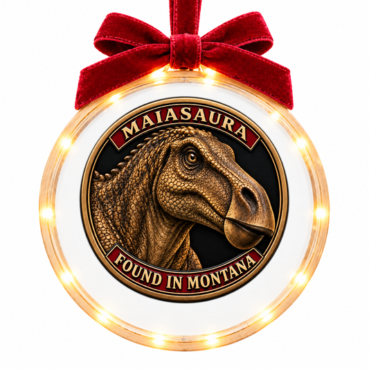 Montana Dinosaur Adventure Maiasaura light-up ornament, approved clear disc frame, LED edge and burgundy bow