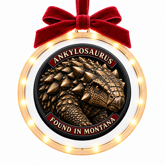 Montana Dinosaur Adventure Ankylosaurus light-up ornament, approved clear disc frame, LED edge and burgundy bow