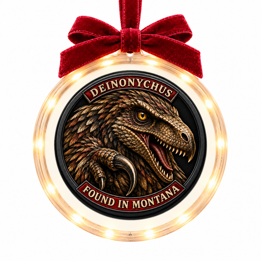 Montana Dinosaur Adventure Deinonychus light-up ornament, approved clear disc frame, LED edge and burgundy bow