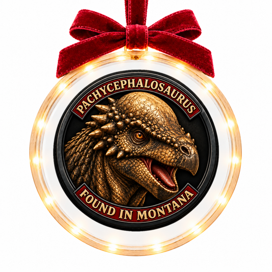 Montana Dinosaur Adventure Pachycephalosaurus light-up ornament, approved clear disc frame, LED edge and burgundy bow