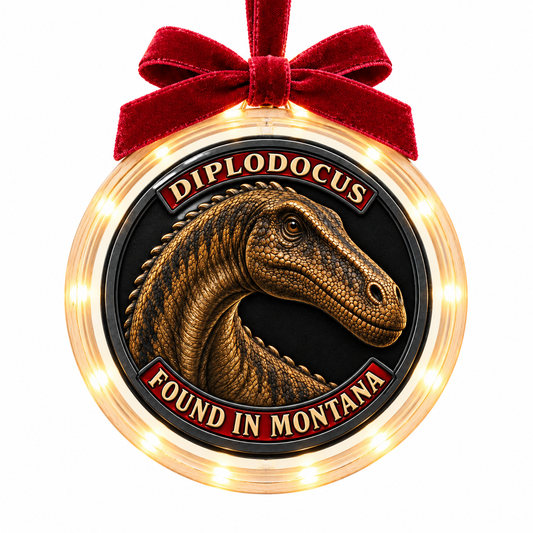 Montana Dinosaur Adventure Diplodocus light-up ornament, approved clear disc frame, LED edge and burgundy bow