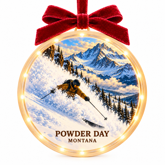 Powder Day Signature light-up ornament with approved clear disc, pale wood rim, LED edge and burgundy bow