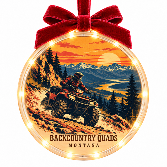 Backcountry Quads Retro light-up ornament, approved clear disc frame, LED edge and burgundy bow