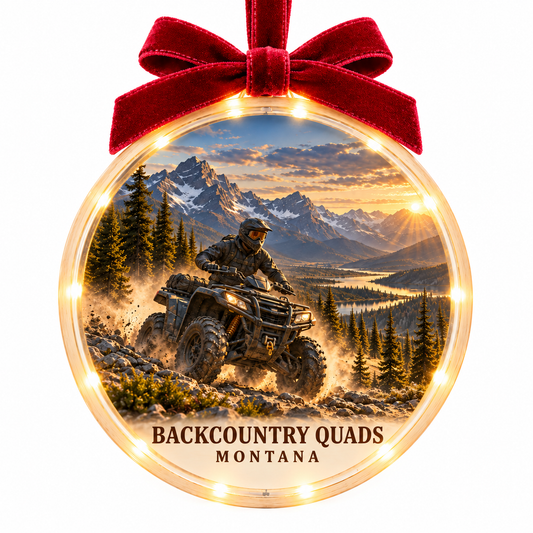 Backcountry Quads Signature light-up ornament, approved clear disc frame, LED edge and burgundy bow