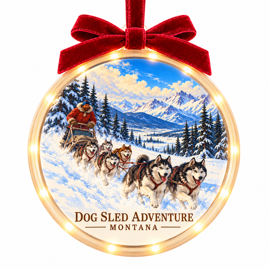 Dog Sled Adventure Classic light-up ornament, approved clear disc frame, LED edge and burgundy bow