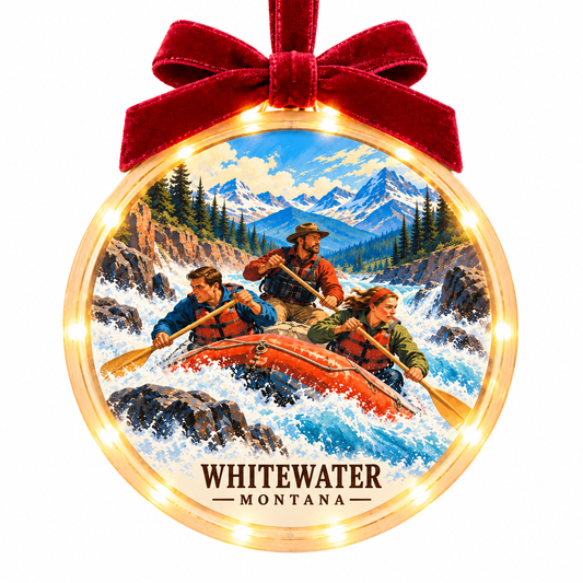 Light-up ornament in approved clear acrylic disc with pale wood rim, warm LED edge, and burgundy bow