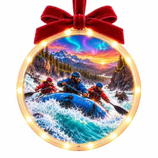 Light-up ornament in approved clear acrylic disc with pale wood rim, warm LED edge, and burgundy bow