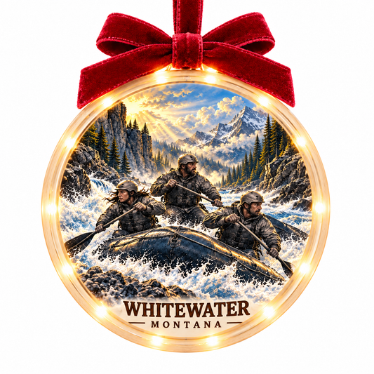 Light-up ornament in approved clear acrylic disc with pale wood rim, warm LED edge, and burgundy bow