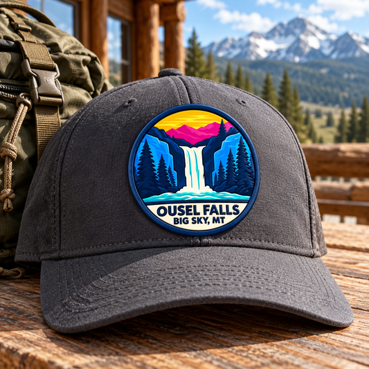 Ousel Falls Big Sky Montana round patch on cap
