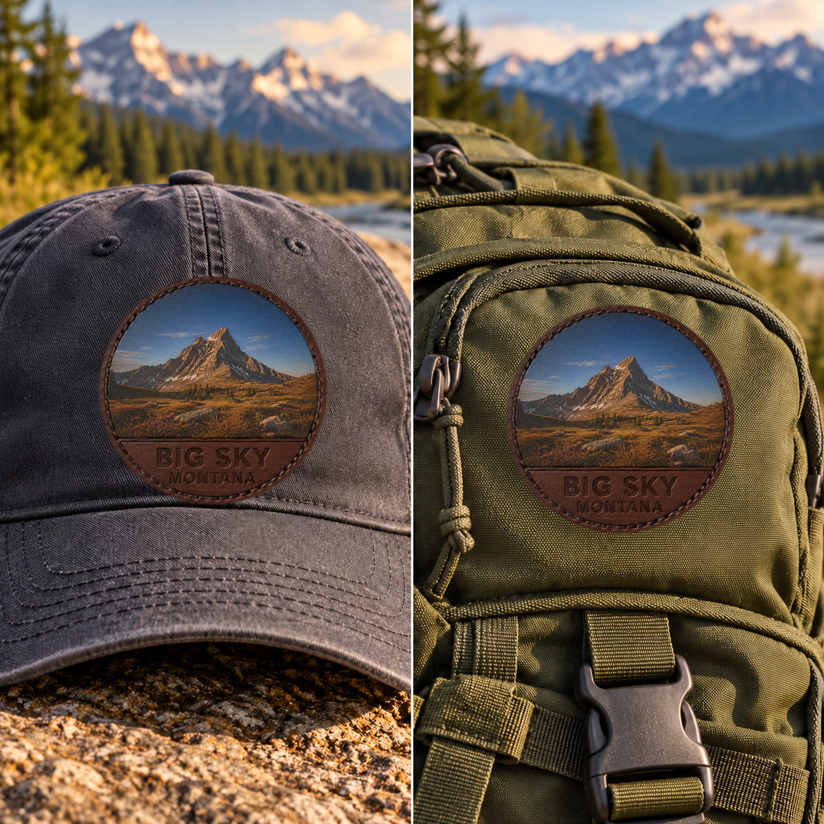 Big Sky — Lone Peak — 2 Inch Patch Photo Leather patch shown on a cap and hiking backpack