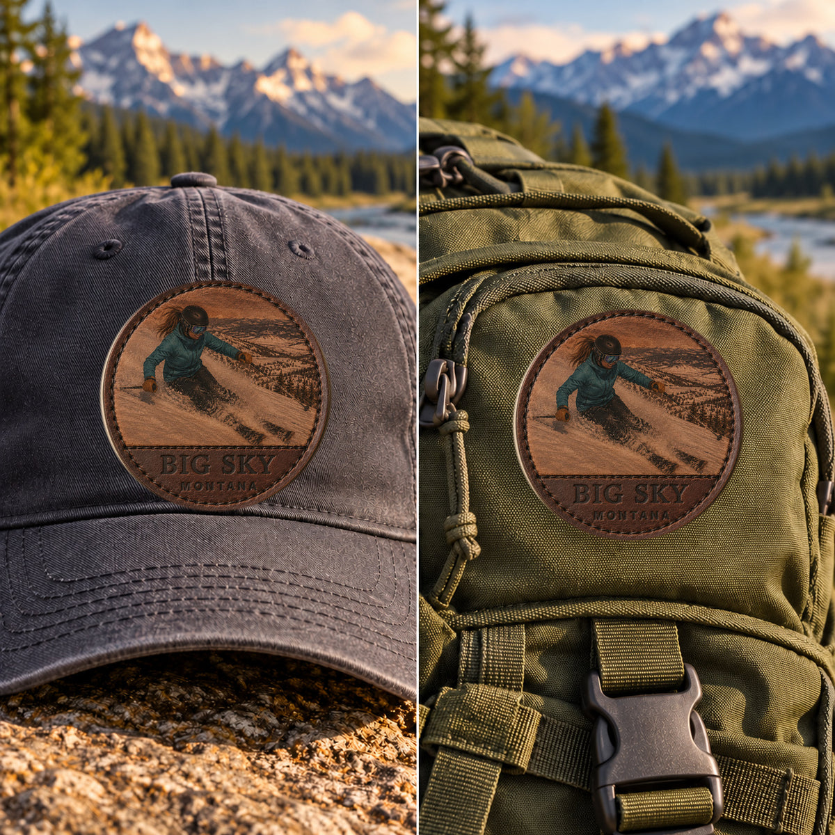 Big Sky — Male Skier — 2 Inch Patch Photo Leather patch shown on a cap and hiking backpack