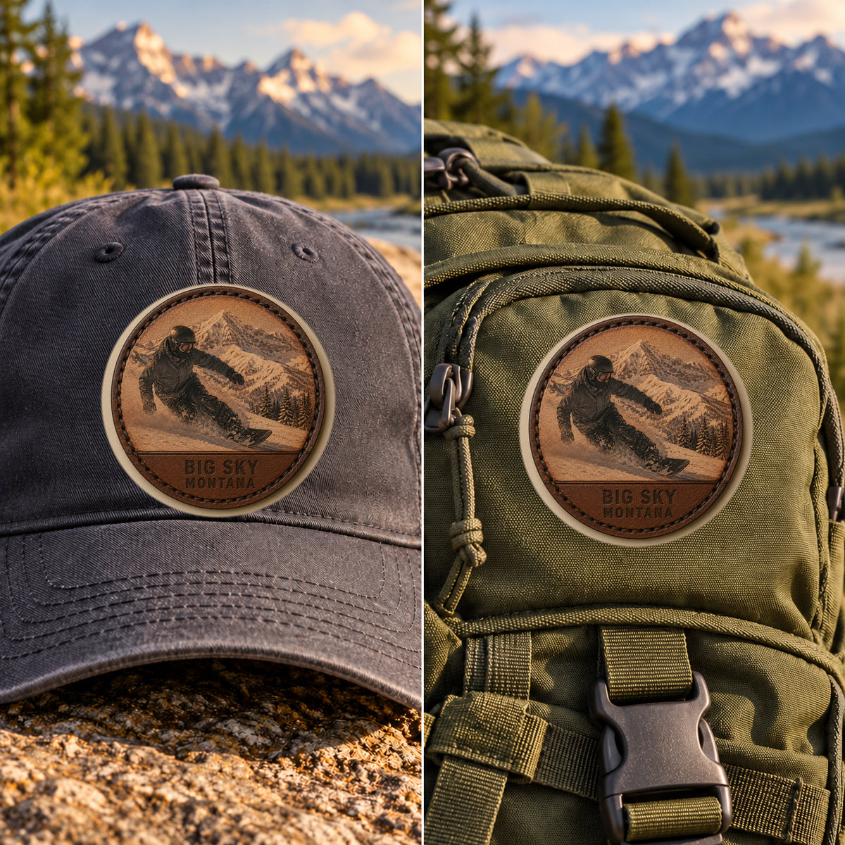 Big Sky — Male Snowboarder — 2 Inch Patch Photo Leather patch shown on a cap and hiking backpack