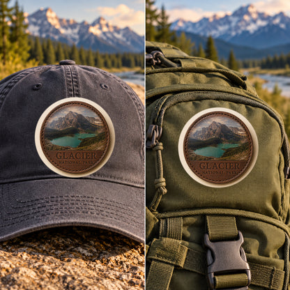Glacier National Park Lake — 2 Inch Patch Photo Leather patch shown on a cap and hiking backpack