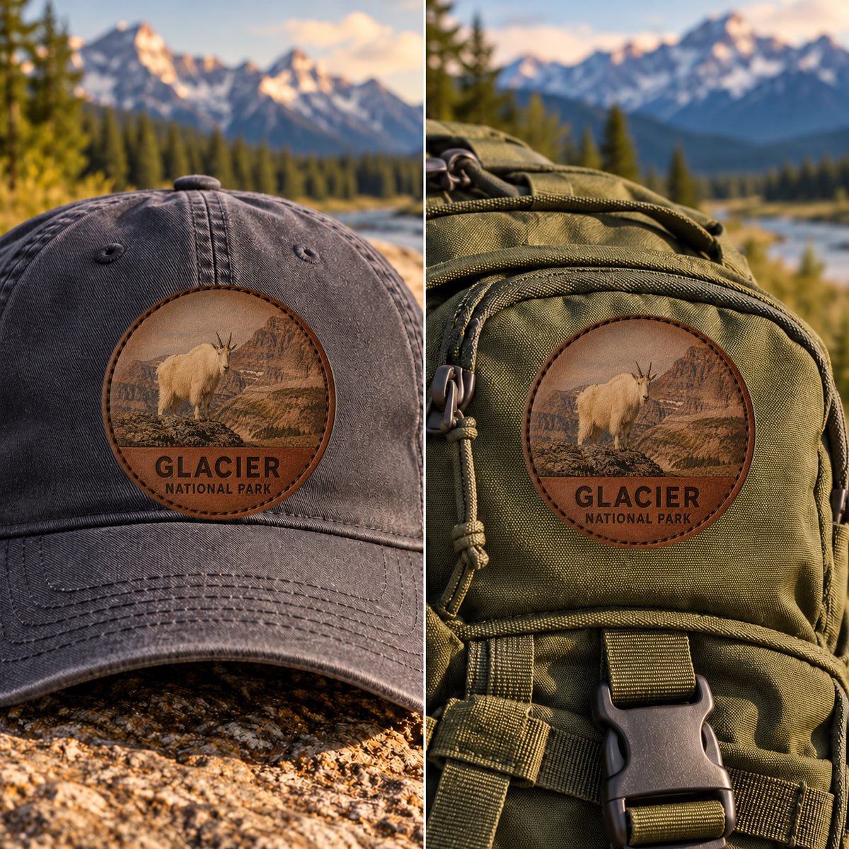 Glacier National Park Mountain Goat — 2 Inch Patch Photo Leather patch shown on a cap and hiking backpack