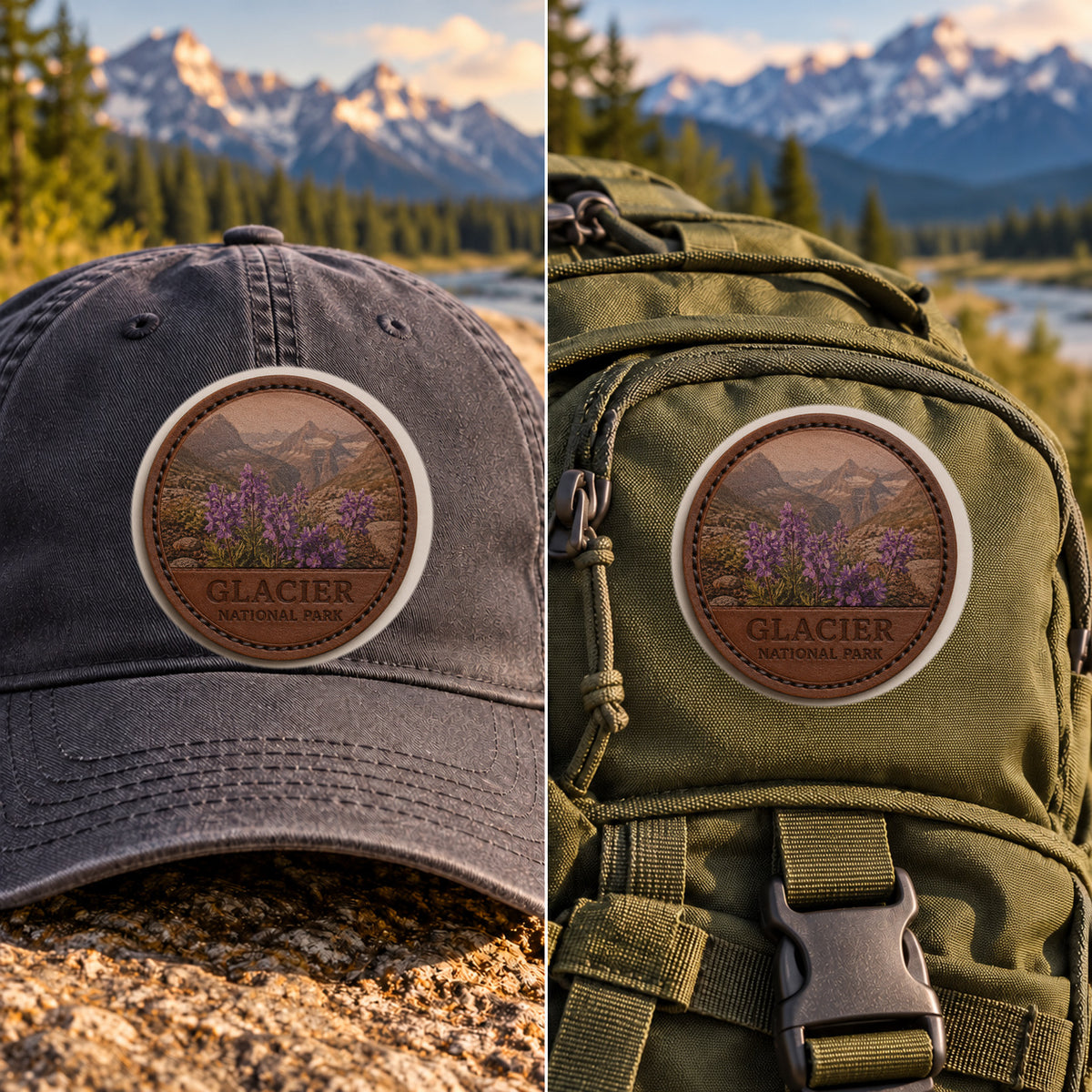 Glacier National Park Wildflowers — 2 Inch Patch Photo Leather patch shown on a cap and hiking backpack