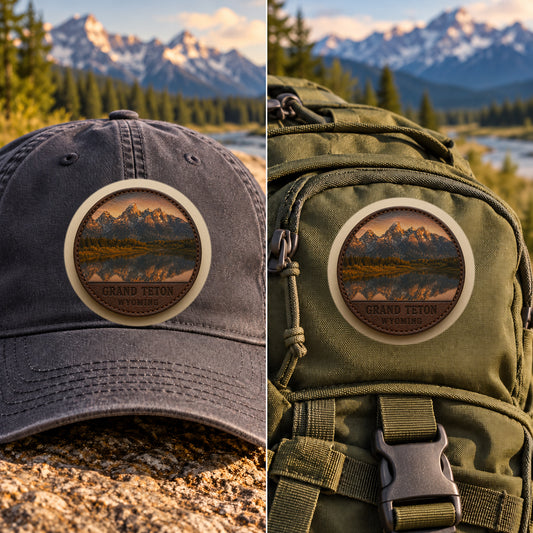 Grand Teton National Park — 2 Inch Patch Photo Leather patch shown on a cap and hiking backpack