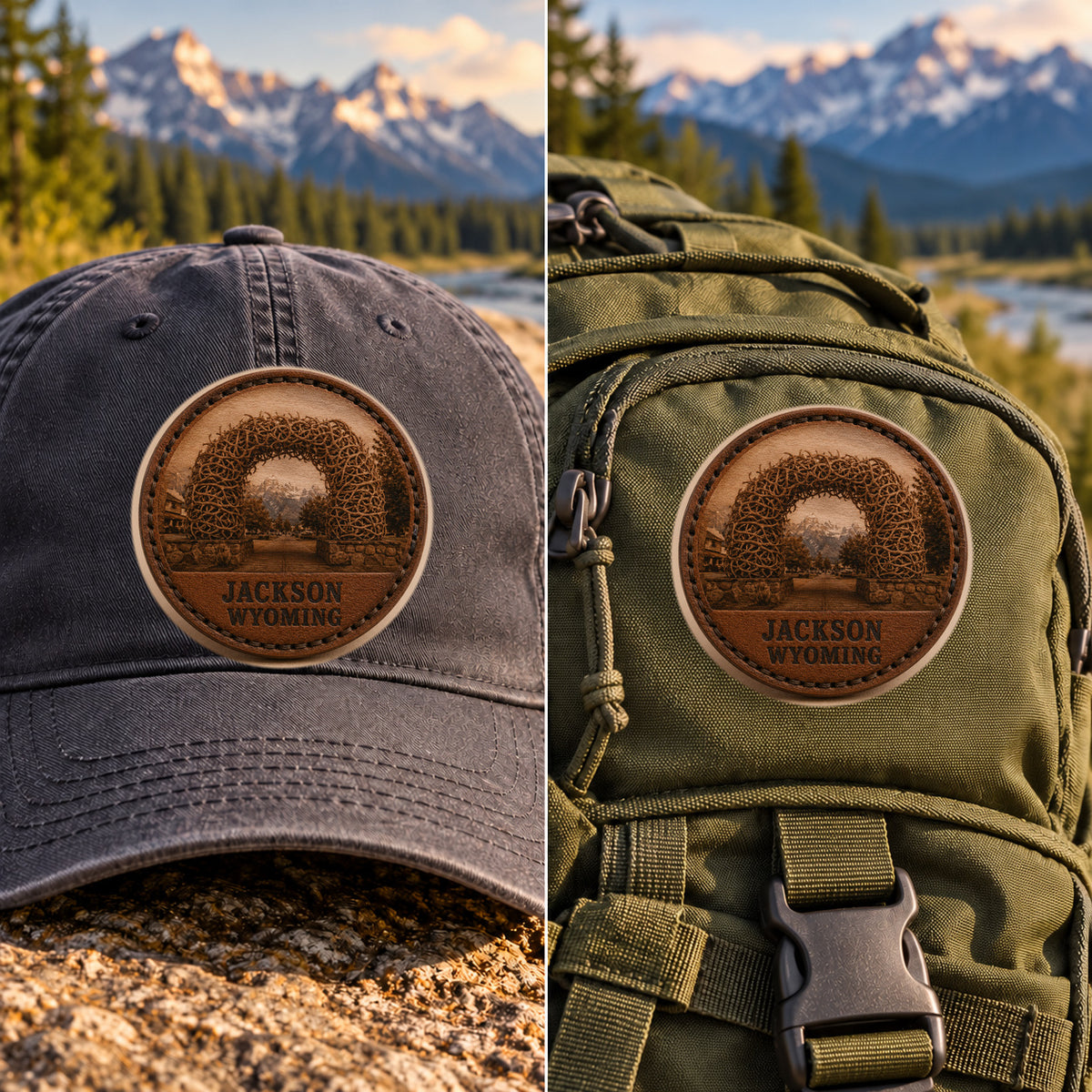 Jackson, Wyoming — 2 Inch Patch Photo Leather patch shown on a cap and hiking backpack