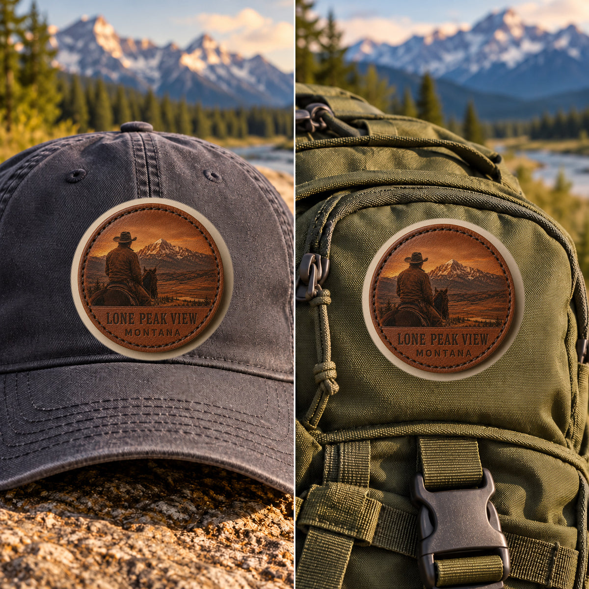 Lone Peak View Cowboy — 2 Inch Patch Photo Leather patch shown on a cap and hiking backpack