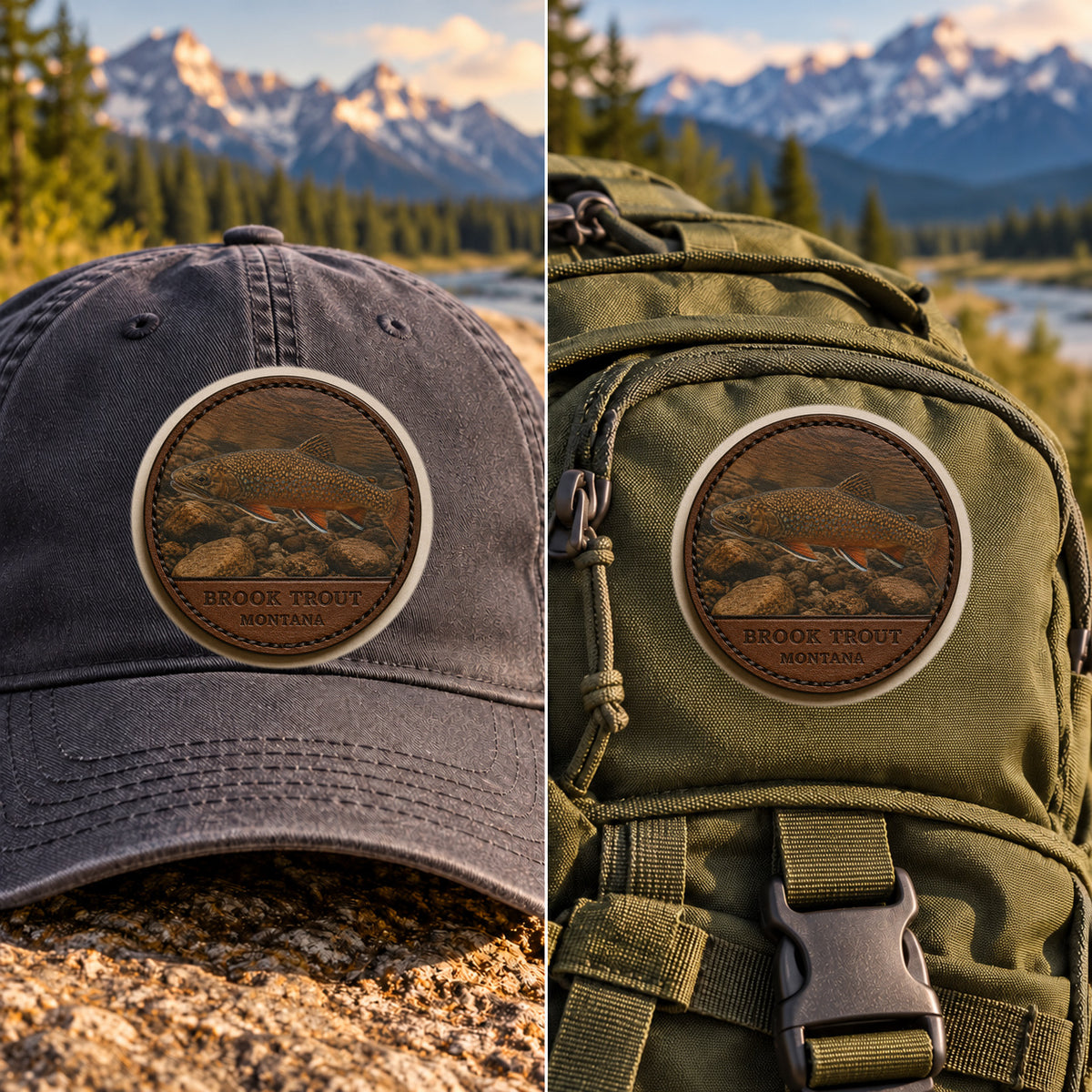 Montana Brook Trout — 2 Inch Patch Photo Leather patch shown on a cap and hiking backpack