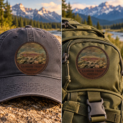 Montana Rainbow Trout — 2 Inch Patch Photo Leather patch shown on a cap and hiking backpack