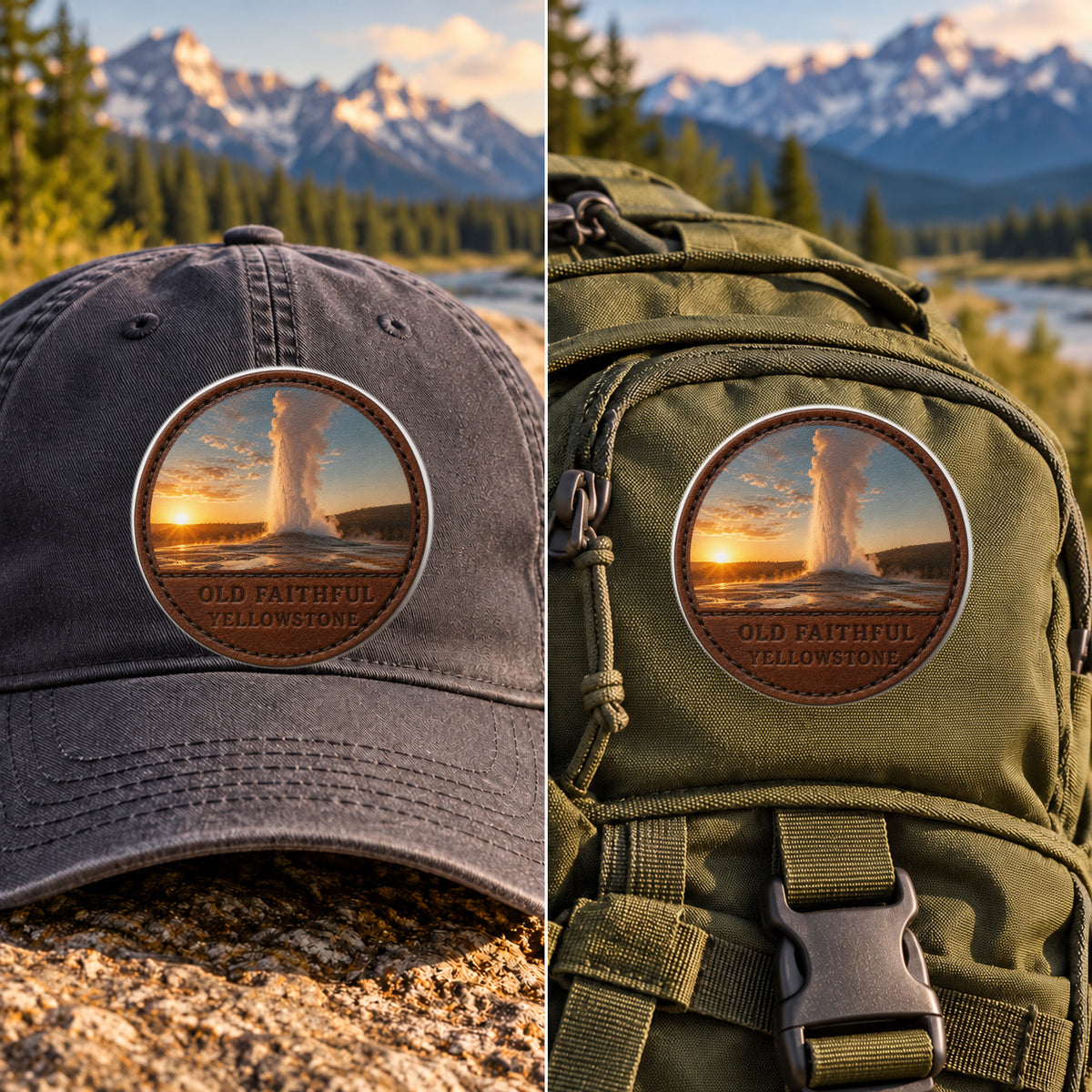 Old Faithful — Yellowstone — 2 Inch Patch Photo Leather patch shown on a cap and hiking backpack