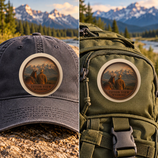 Teton View Cowboy — 2 Inch Patch Photo Leather patch shown on a cap and hiking backpack