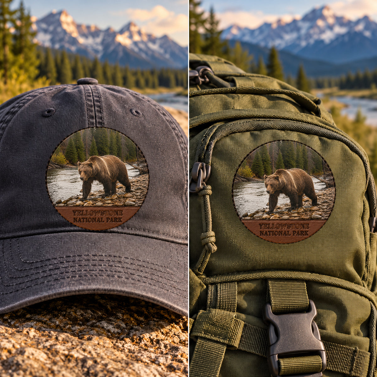 Yellowstone National Park Grizzly — 2 Inch Patch Photo Leather patch shown on a cap and hiking backpack