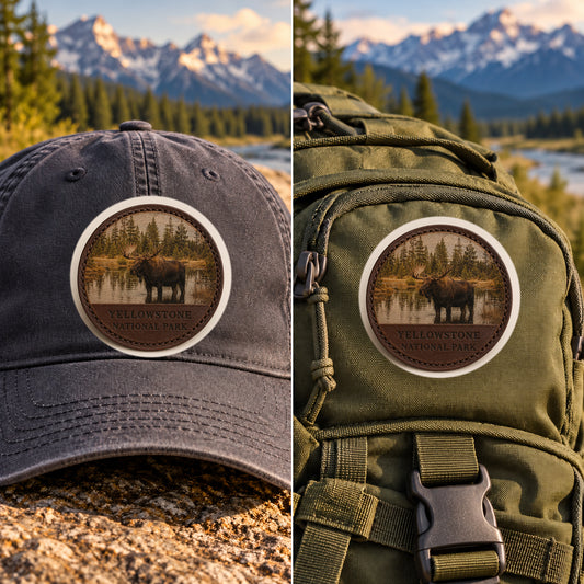 Yellowstone National Park Moose — 2 Inch Patch Photo Leather patch shown on a cap and hiking backpack
