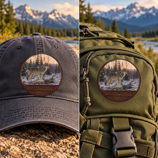 Yellowstone National Park Wolf — 2 Inch Patch Photo Leather patch shown on a cap and hiking backpack
