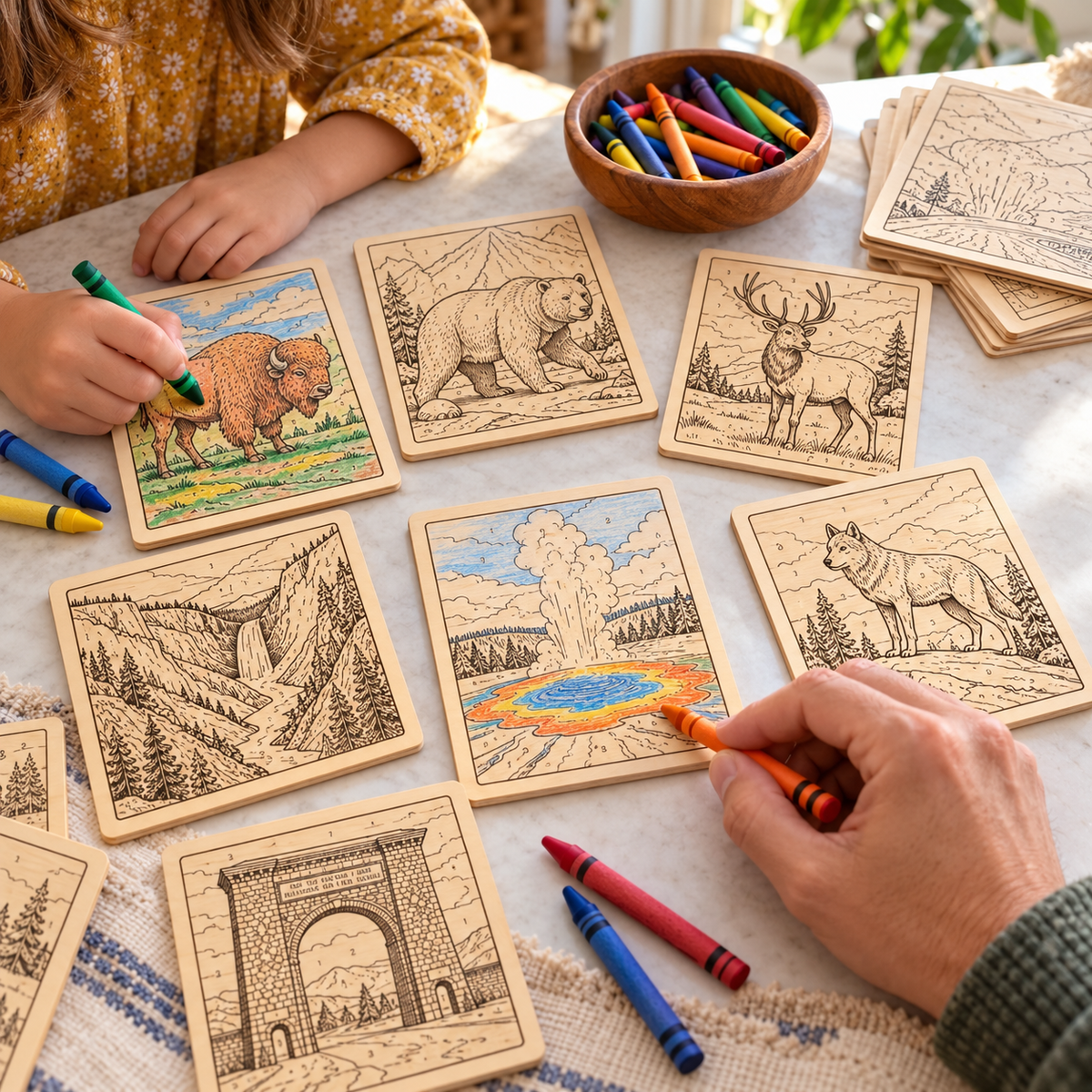 AI-generated lifestyle photo of Yellowstone engraved wood panels being colored with crayons