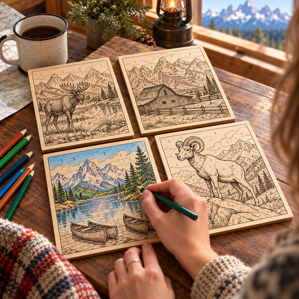 AI-generated lifestyle photo of Grand Teton engraved wood panels being colored at a cabin table