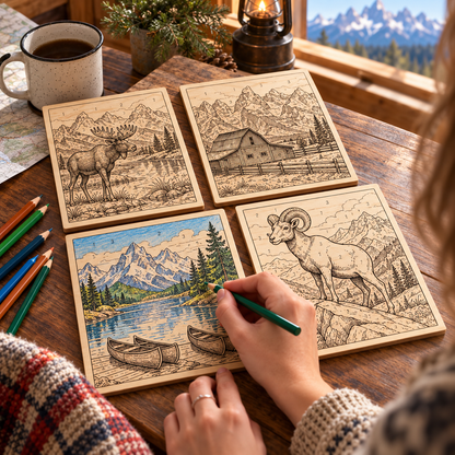 AI-generated lifestyle photo of Grand Teton engraved wood panels being colored at a cabin table