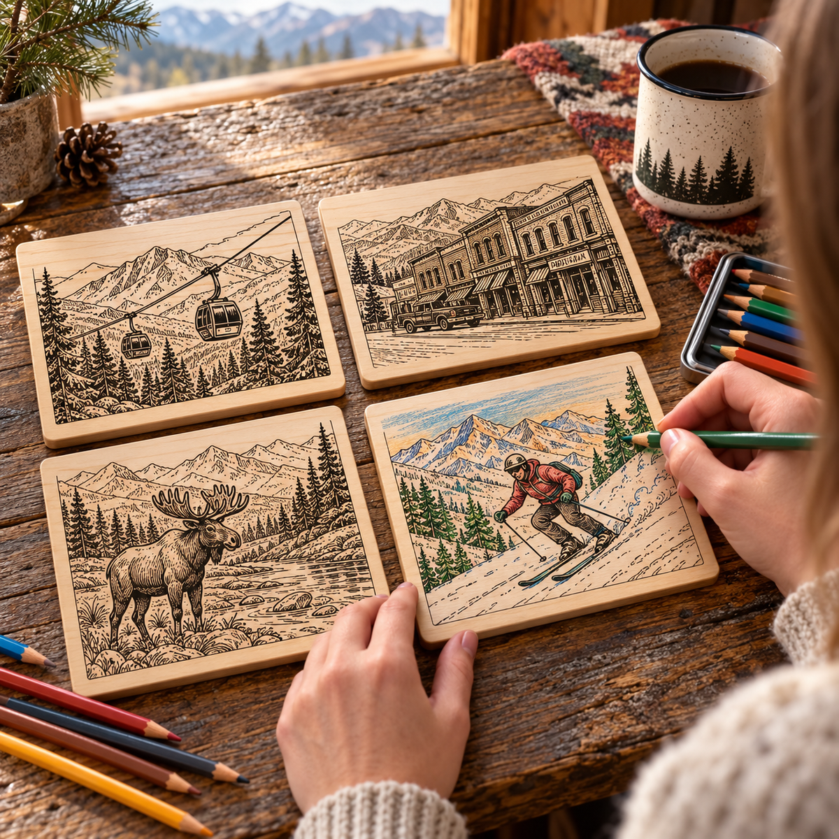 AI-generated lifestyle photo of Big Sky and Bozeman engraved wood panels being colored