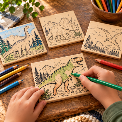 AI-generated lifestyle photo of a child coloring a Montana dinosaur wood panel with colored pencils