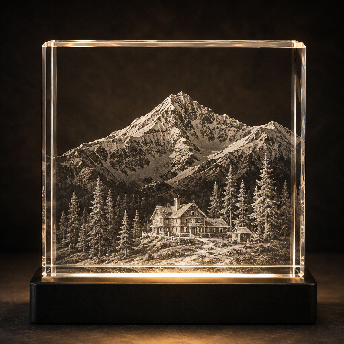 Pioneer mountain-lodge laser-etched K9 crystal