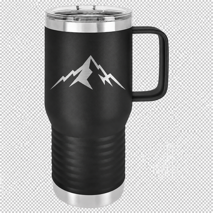 Black handled 20 oz. Polar Camel travel mug directly engraved with Lone Peak artwork