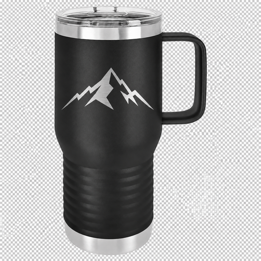 Black handled 20 oz. Polar Camel travel mug directly engraved with Lone Peak artwork