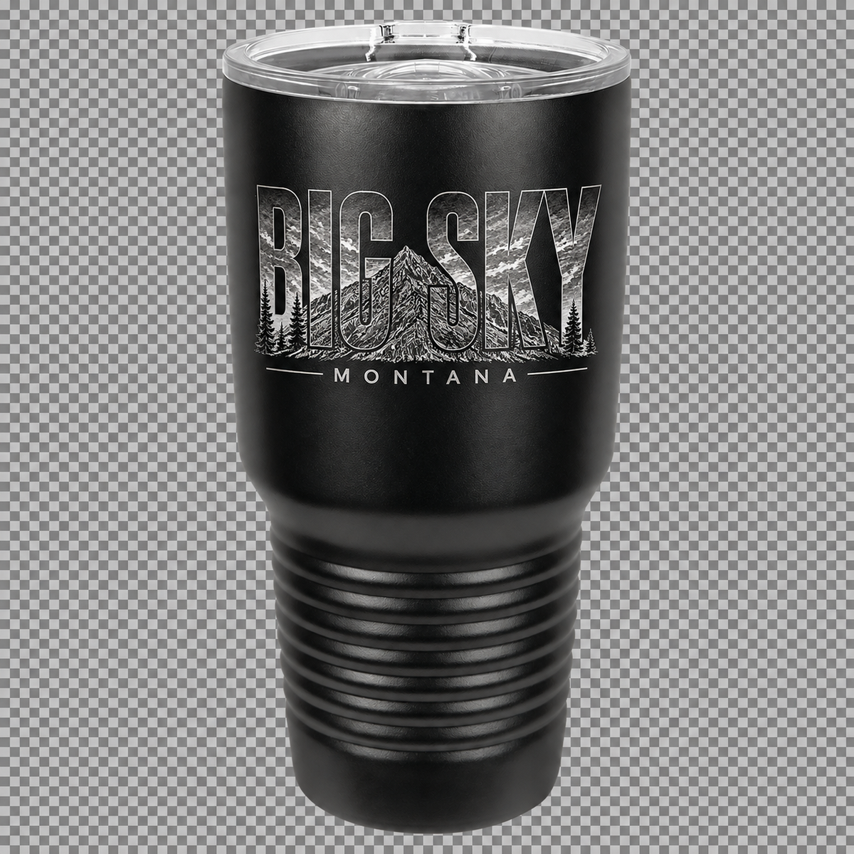 Black 30 oz. Polar Camel tumbler directly engraved with Big Sky Montana artwork