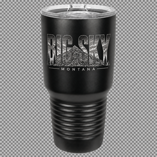 Black 30 oz. Polar Camel tumbler directly engraved with Big Sky Montana artwork
