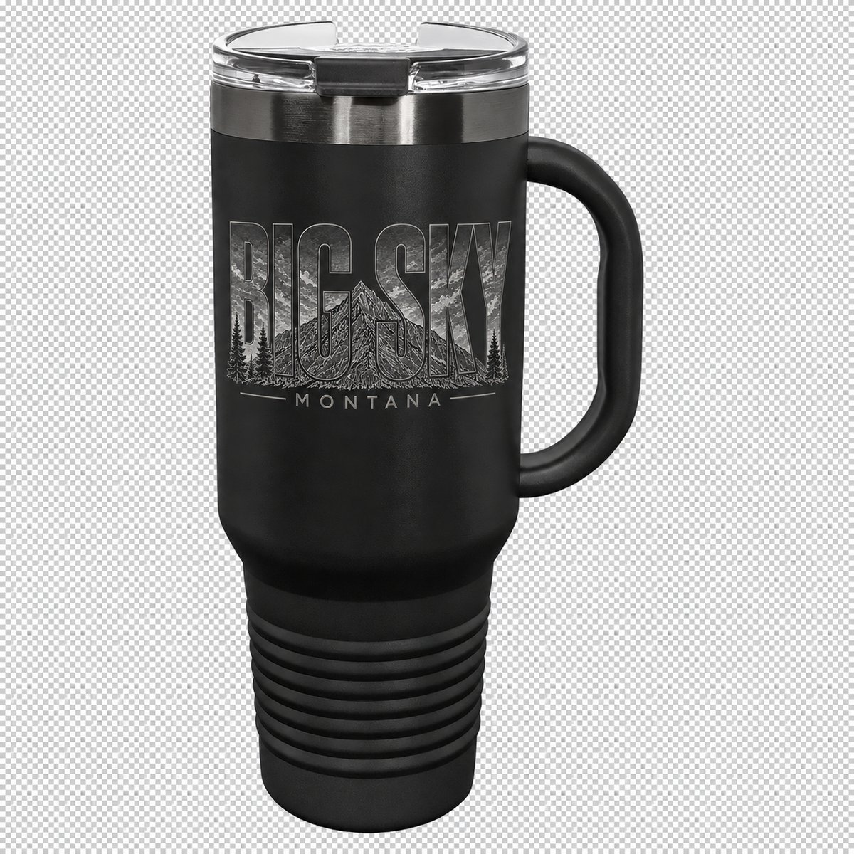 Black 40 oz. Polar Camel travel mug directly engraved with Big Sky Montana artwork