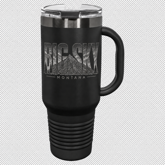 Black 40 oz. Polar Camel travel mug directly engraved with Big Sky Montana artwork