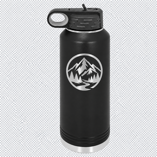 Black 40 oz. Polar Camel water bottle directly engraved with Big Sky mountain artwork