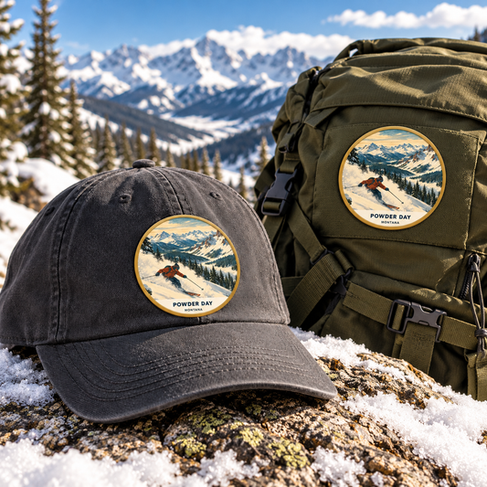 Powder Day Montana Patch - Classic patch shown on a cap and hiking backpack