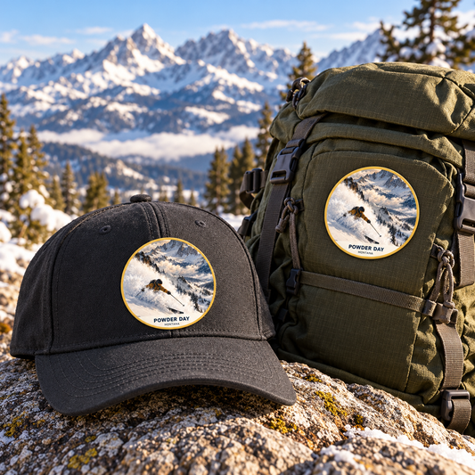 Powder Day Montana Patch - Signature patch shown on a cap and hiking backpack