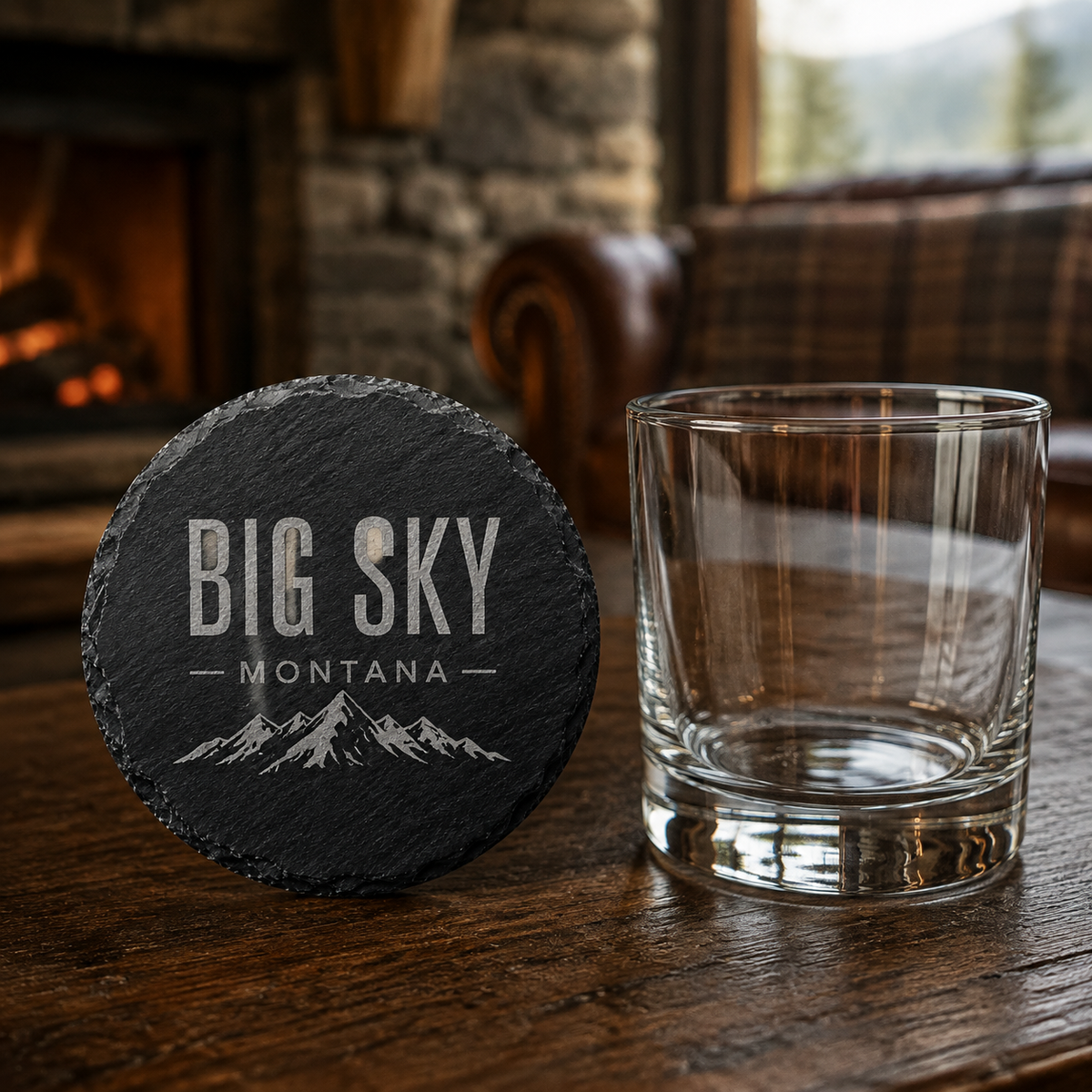 Big Sky Shadow round slate coaster at a Big Sky lodge
