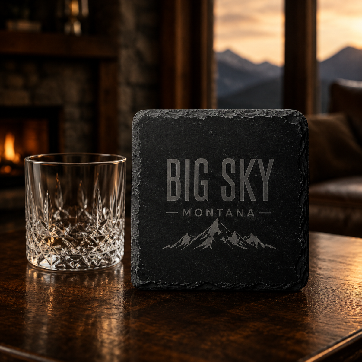 Big Sky Shadow square slate coaster at a Big Sky lodge