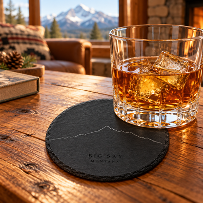 Lone Peak One Line round slate coaster — lodge lifestyle