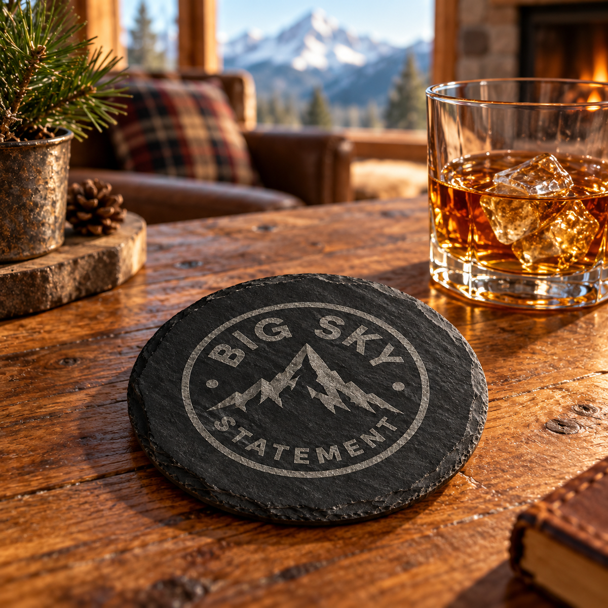 Big Sky Statement round slate coaster — lodge lifestyle