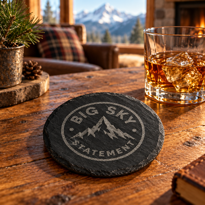 Big Sky Statement round slate coaster — lodge lifestyle